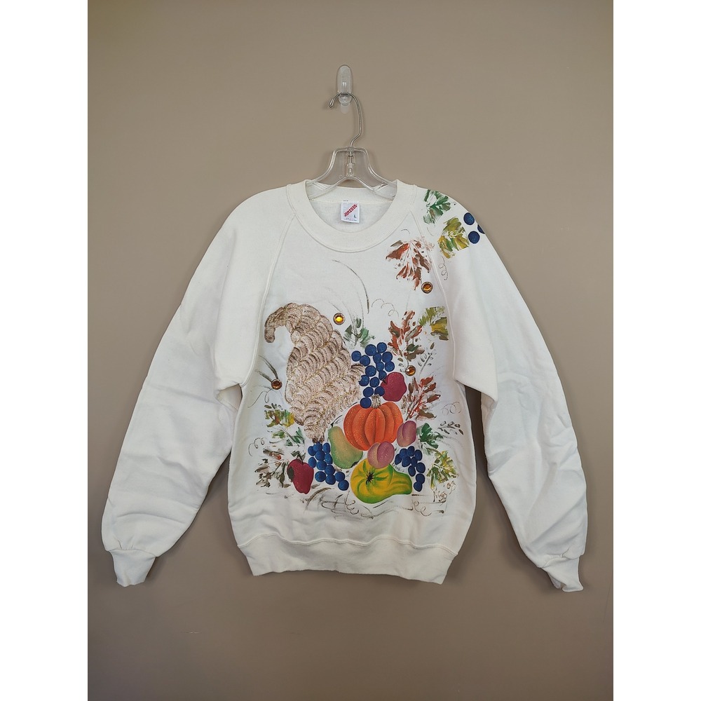 Vintage Jerzees Hand Painted Thanksgiving Cornucopia Sweatshirt Cream Large USA